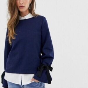 J. Crew Navy Blue Bell Sleeve Boat Neck Ribbon Ties Sweatshirt Size M #2046